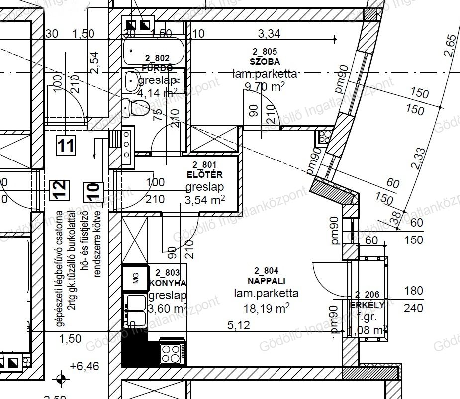 Alaprajz – 39 m² lakás + 1,08 m² erkély